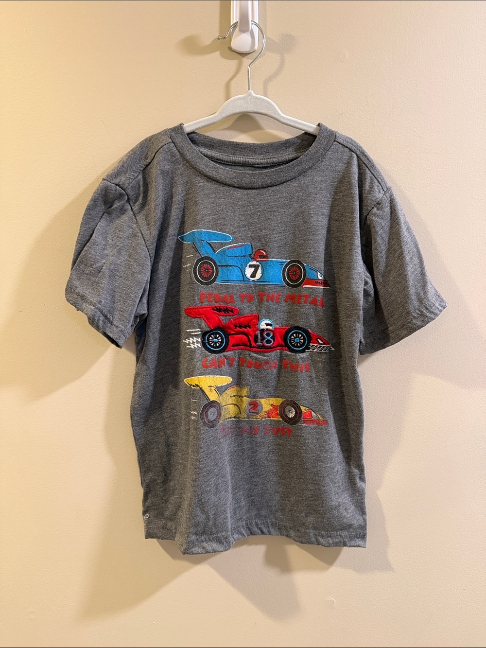 Kids Headquarters Grey Tee with Blue, Red & Yellow Race Car Prints